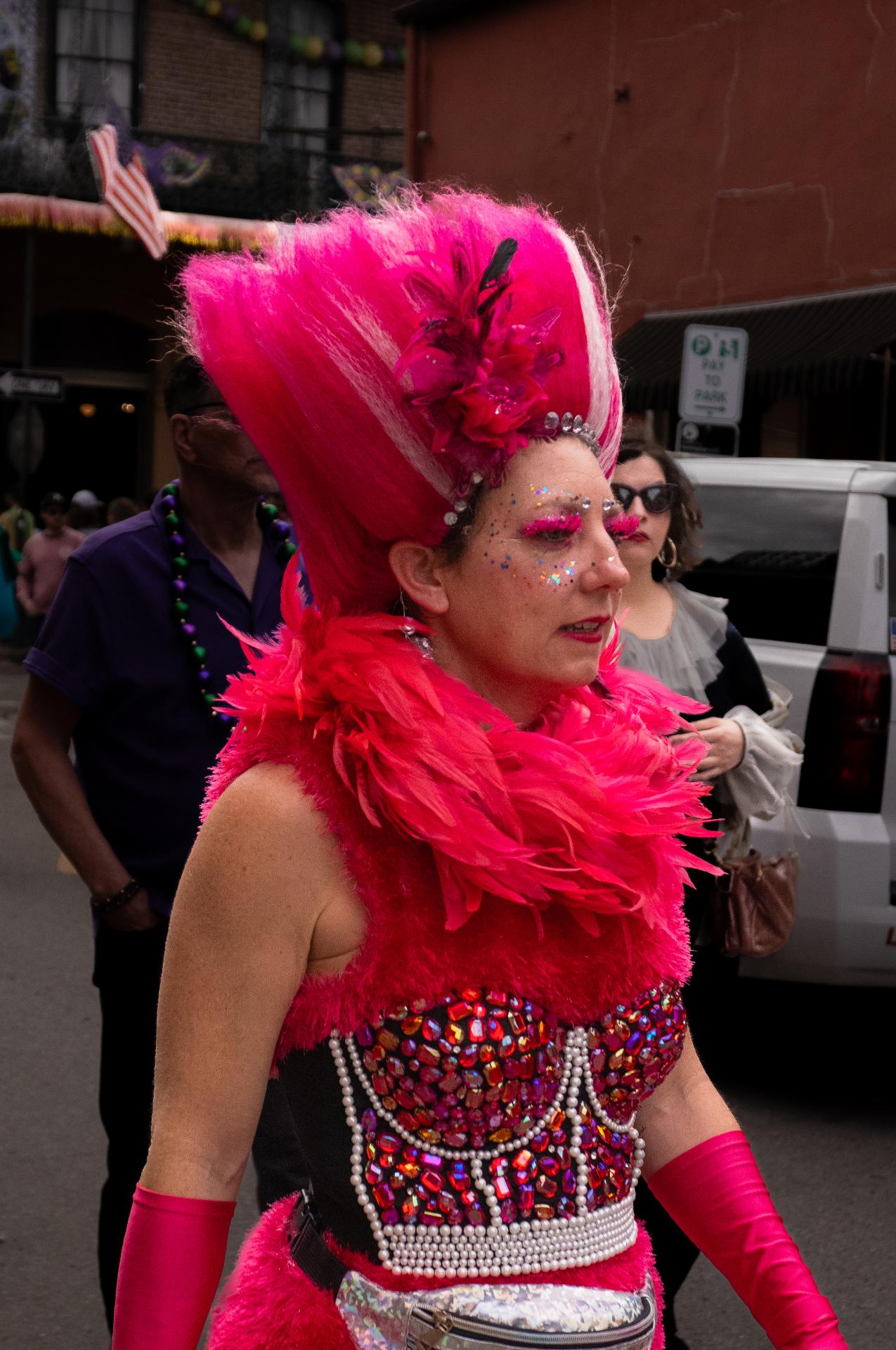 Mujer con traje rosa de plumas y corsé de joyas