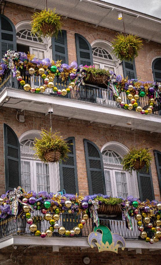 French Quarter balconies draped in Mardi Gras beads