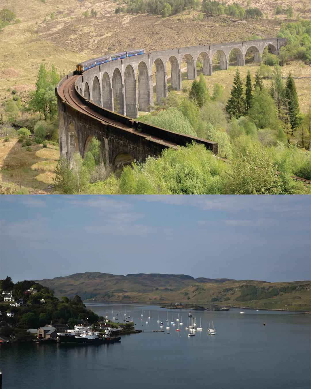 Viaducto de Glenfinnan con tren cruzando, Escocia